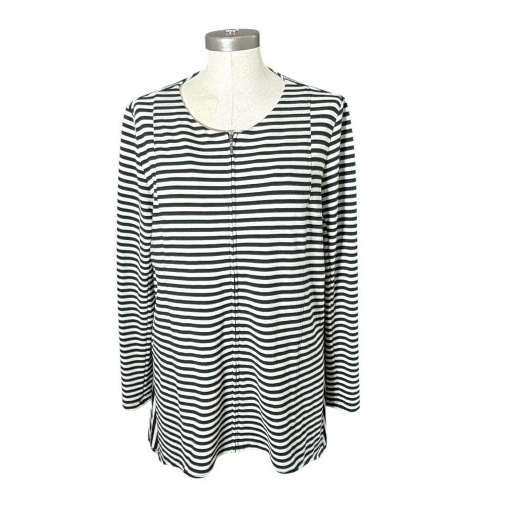 Soft Surroundings Black White Striped Zip Front Peplum Back Tunic Top 2AY07